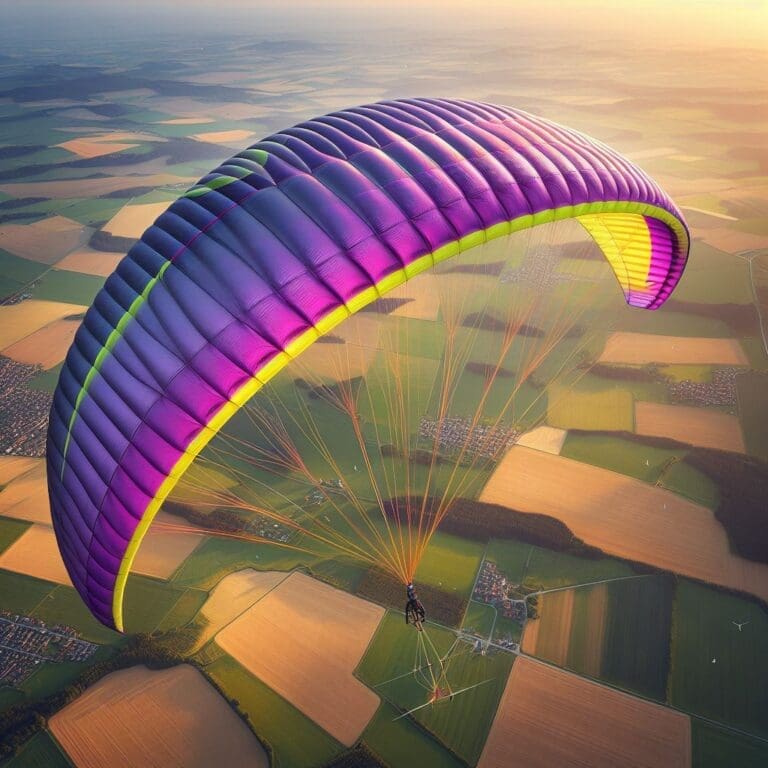 Purple&yellow kite; its aerodynamic lift pulls a load on the ground to drive an electric generator