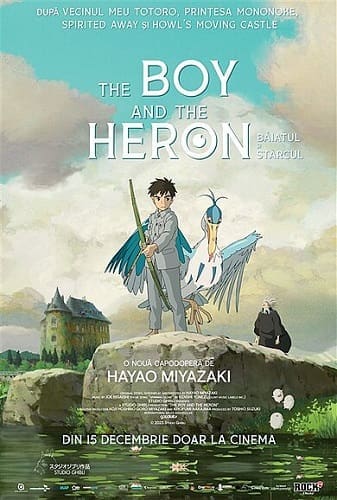 An illustrated boy stands on a stone ledge holding a stick, accompanied by a blue-white heron-like creature and other animals, with a rural landscape and sky in the background