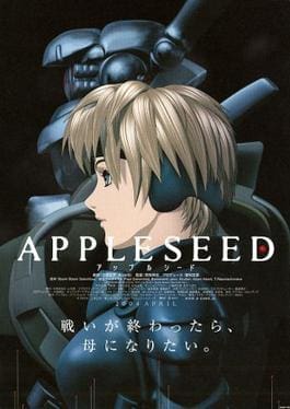 Anime movie poster for Appleseed showing a young woman with short blond hair in profile, wearing futuristic gear, with a large armored robot behind her