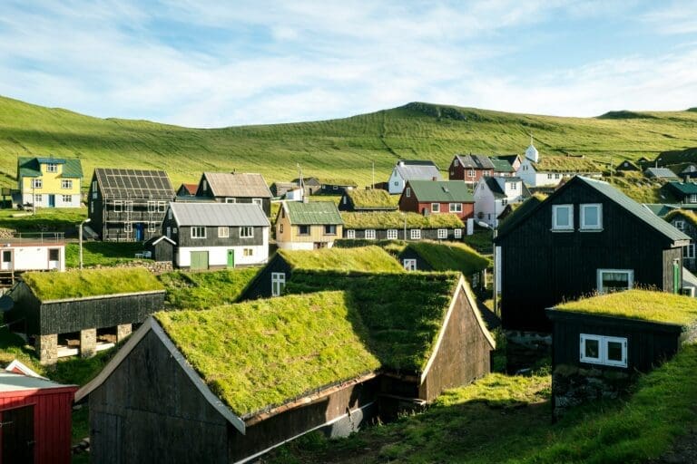 Village of earth houses with grass roofs in north European landscape