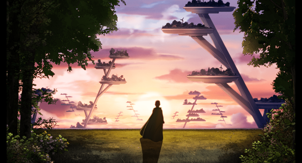 A lone cloaked figure stands in a grassy field, silhouetted against a warm sunset sky with stylized, tree-covered rock formations in the distance