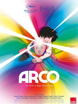 A stylized animated scene shows a young girl holding onto another character as multicolored light rays radiate around them, creating a dynamic, futuristic atmosphere
