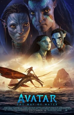 Avatar: The Way of Water movie poster featuring multiple blue Na’vi faces above an ocean scene, with a rider flying a winged creature over the sea at sunset