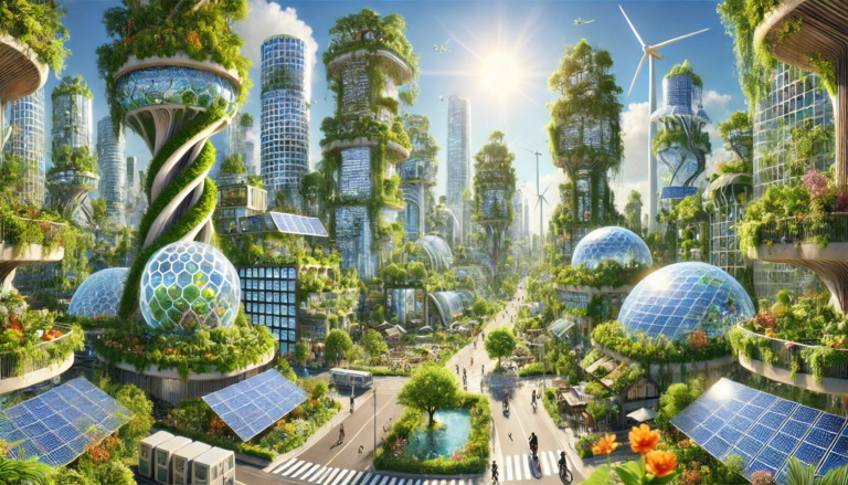 Futuristic green city with high-rise buildings covered in vegetation, solar panels integrated into the architecture, and people walking along tree-lined streets in a sunlit urban environment