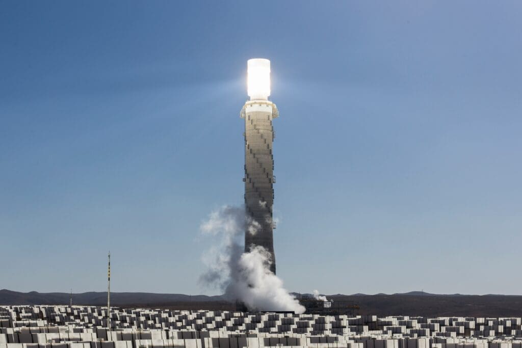 Concentrated Solar Power plant; heat is bundled on top of the tower, then converted into electricity