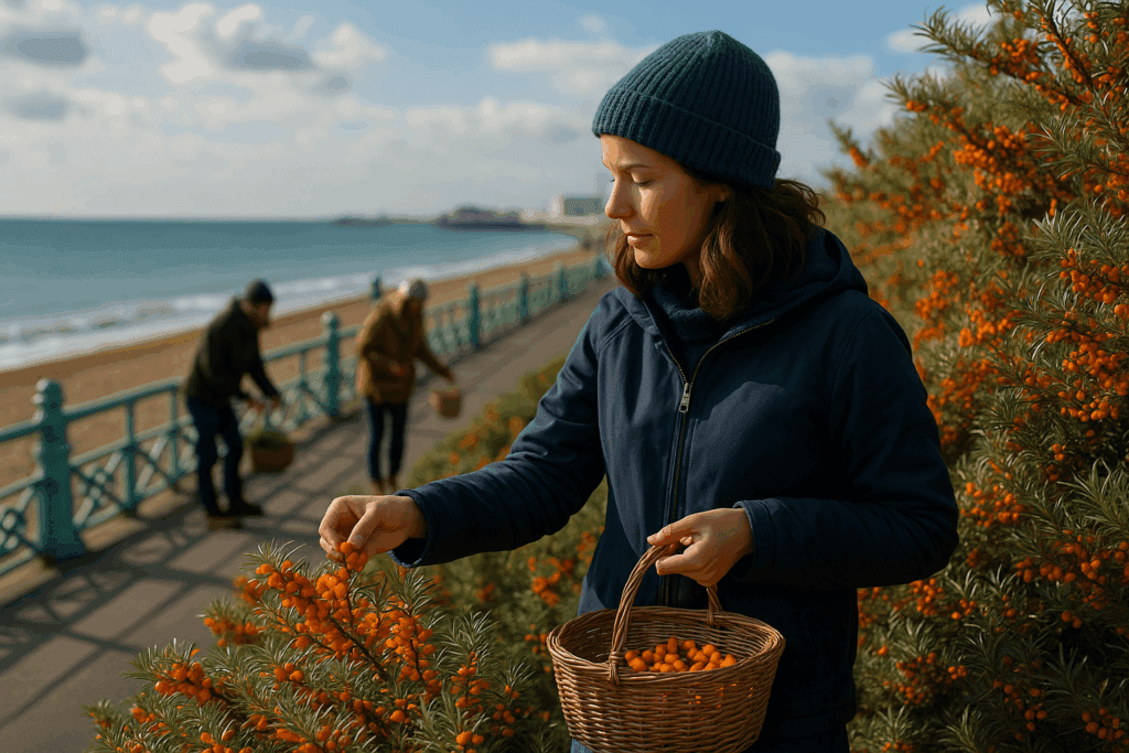 Foraging von Sanddornbeeren an der Britischen Strandpromenade