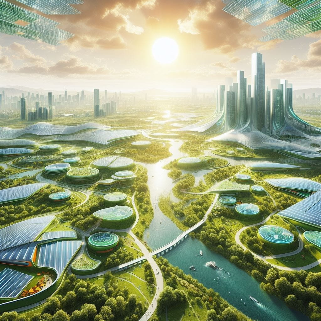 Endless mesh of decentralized Solarpunk cities, embedded in greenery & interwoven with waterways