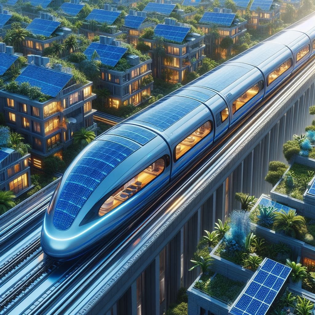 Maglev high-speed train crossing a suburb with solar clad houses