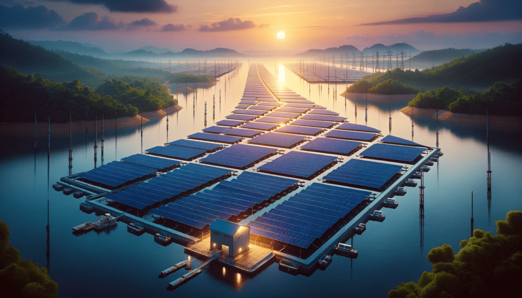 Riesiges "Floß" an schwimmenden PV Solarzellen auf einem See, im Hintergrund geht die Sonne unter