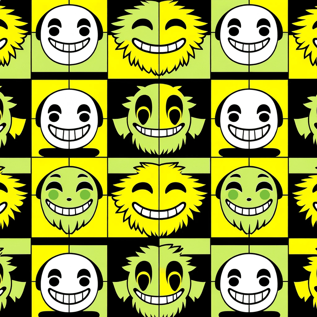 Japanese smiling masks poster with Anime style features and graphics