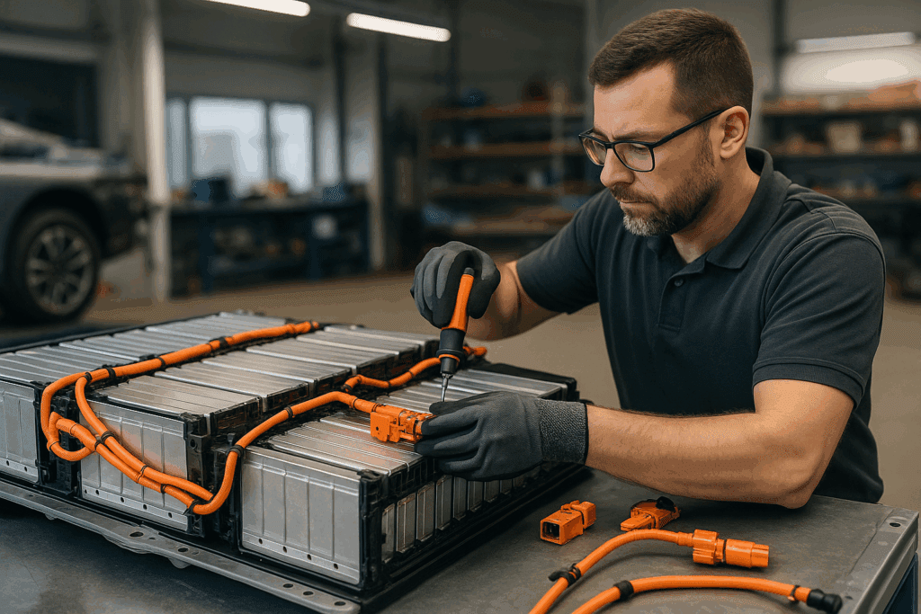 Ein Techniker zerlegt eine Elektrobatterie zwecks Recycling