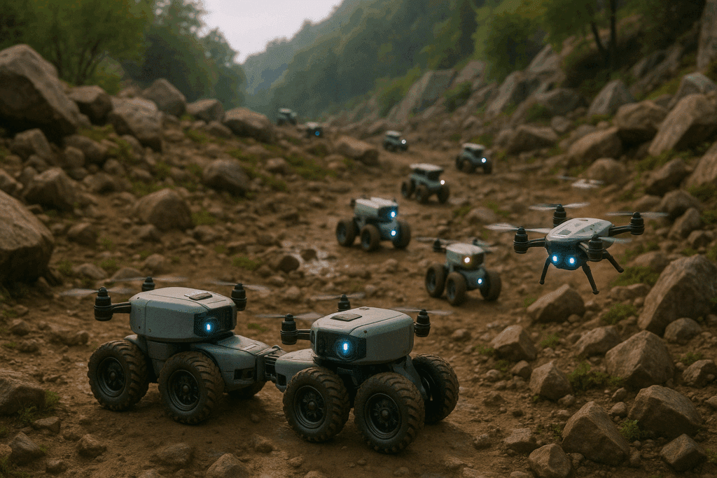 Clevere Bots und Drohnen arbeiten zusammen im Team, um ein ausgetrocknetes Flussbett zu überwinden