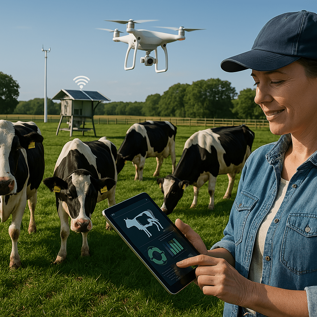 Smart Farming mit "digitalisierten" Kühen auf einer großen Weide