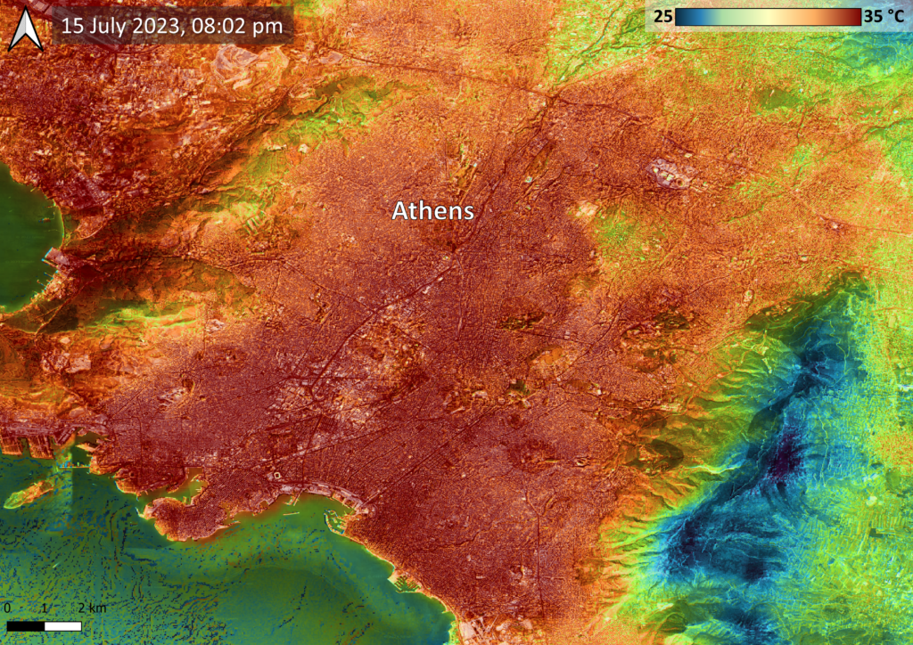 Satellite temperature data of Athens, Greece, shows an extreme urban heat during summer 2023