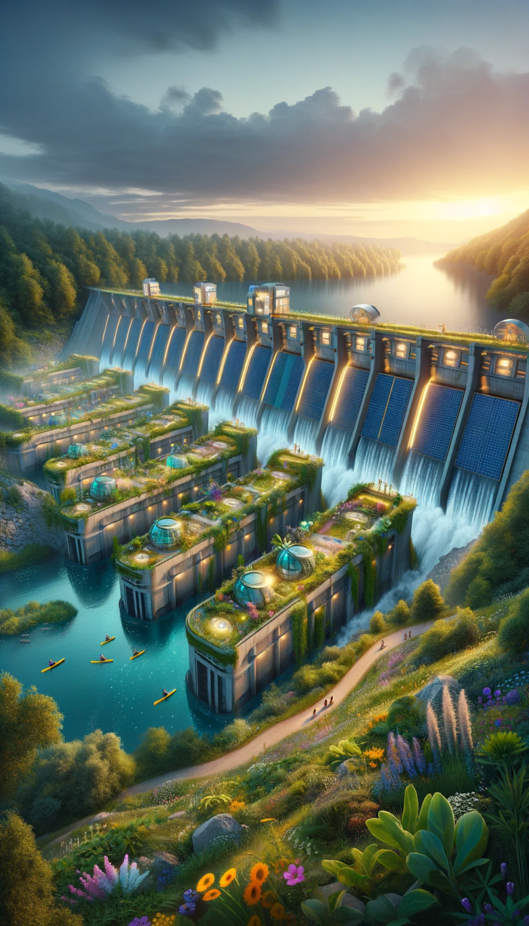 Solarpunk style water power plant, damming up a river; canoeists paddling in the quieter waters