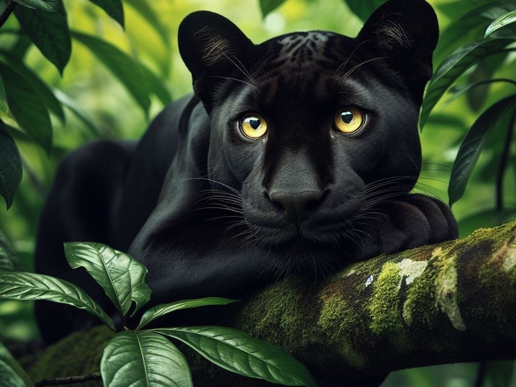 Panther lying on a branch in a forest