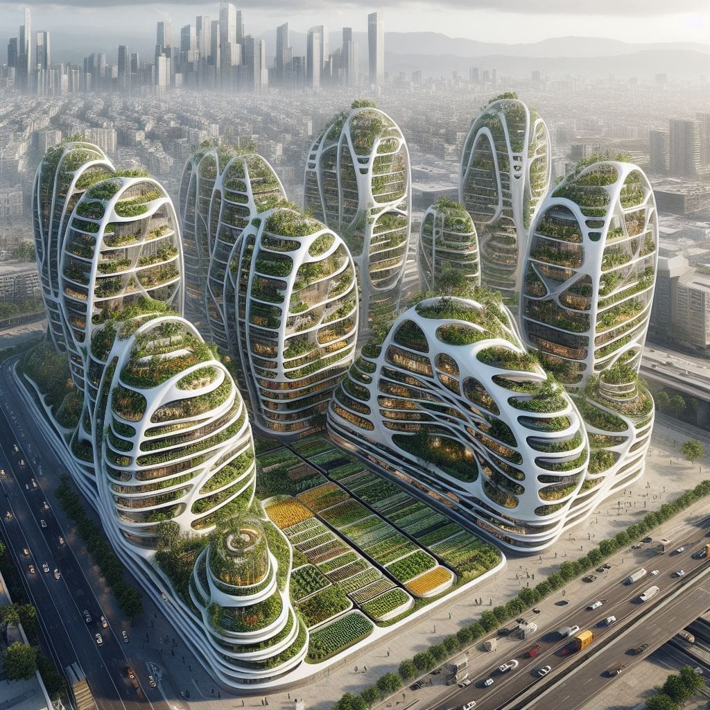 Futuristic group of apartment towers with studded with lush greenery; the towers are organically intertwined and leave only one field on the ground, where veggies and crops are growing