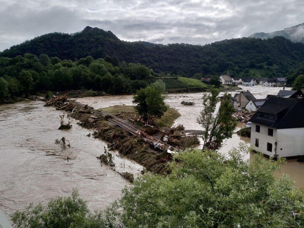 Devastating rain floods in the Ahr Valley, Germany, 2021. The river's floods swept away houses and infrastructure. Tiny houses served as homes for those who had lost all possessions.