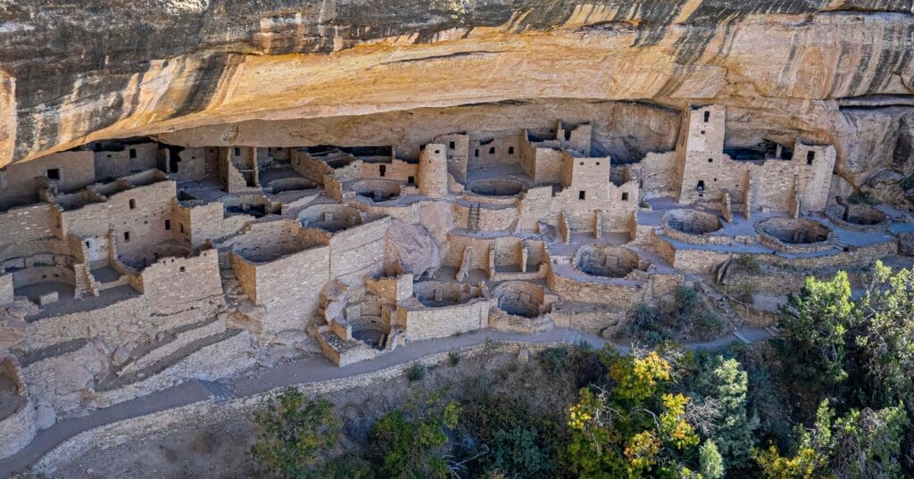 Ancestral Puebloan village at Mesa Verde, Colorado, US; these elevated rock shelters gave protection against invaders and harsh environments -- at the same time capturing the winter sun