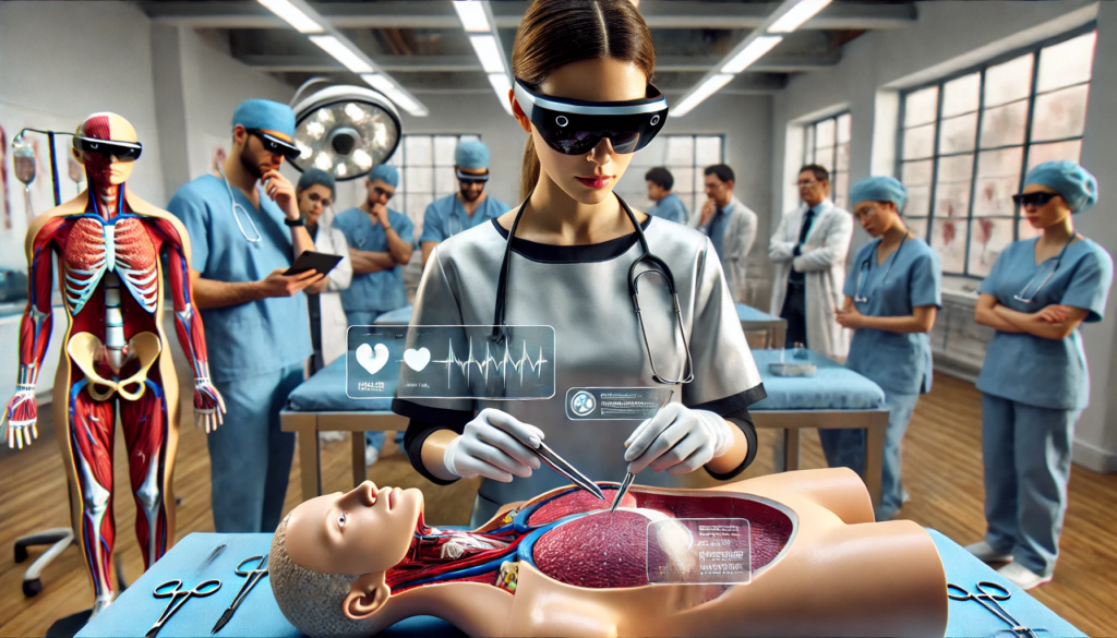 Future scenario of a junior Doc executing medical training on a dummy, with the help of smart glasses