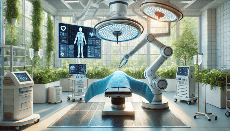 A futuristic operating room where a robot arm is executing surgery