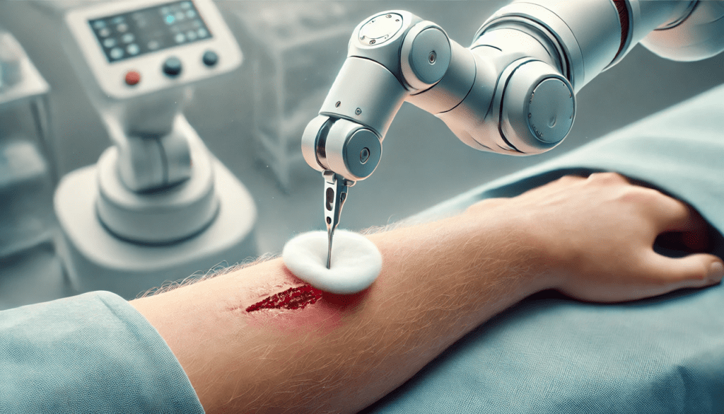 Robot arm cleaning a wound on somebody's forearm; this could be done in an automated and even remote way