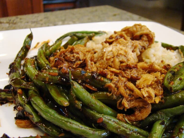 Soy curls and green beans over brown rice