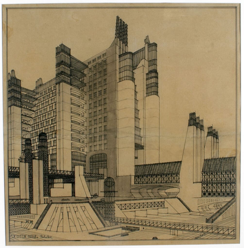 Stadtbildzeichnung mit einem hohen Gebäude und einer massiven Brücke, "La Citta' Nuova" (die Neue Stadt), von Antonio Sant'Elia, Futurismus-Stil