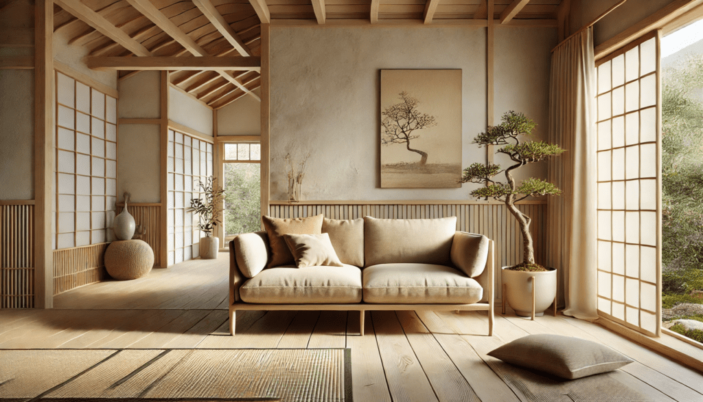 Wohnzimmer mit einem beigen Sofa in einem japanischen Holzhaus