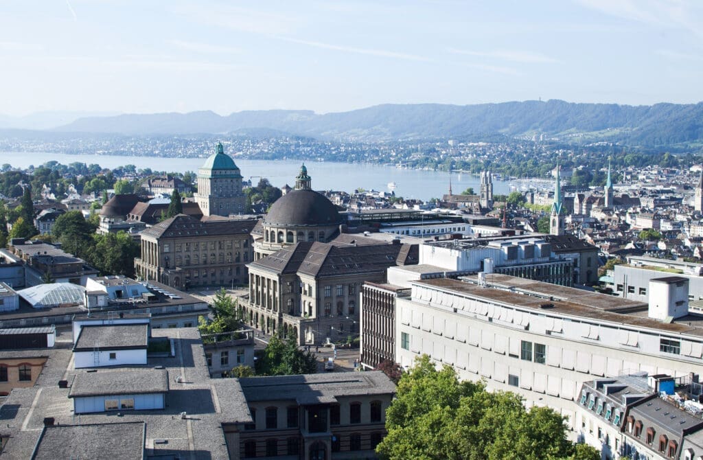 View on Zurich city center with ETH university in the center and the Zurich lake in the backdrop