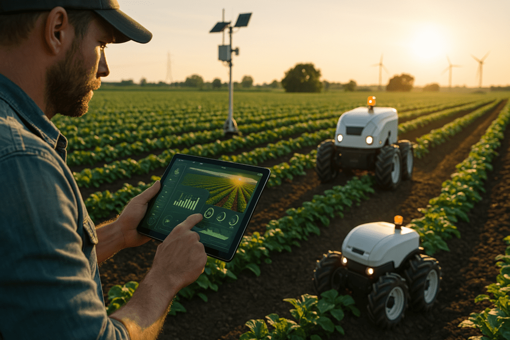 A farmer inputs data on a tablet to adjust two weeding robots operating in a vegetable field at dusk