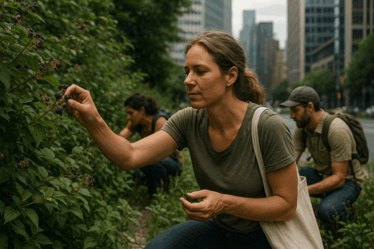 A woman with a jute bag carefully forages a wild hedge in an urban landscape