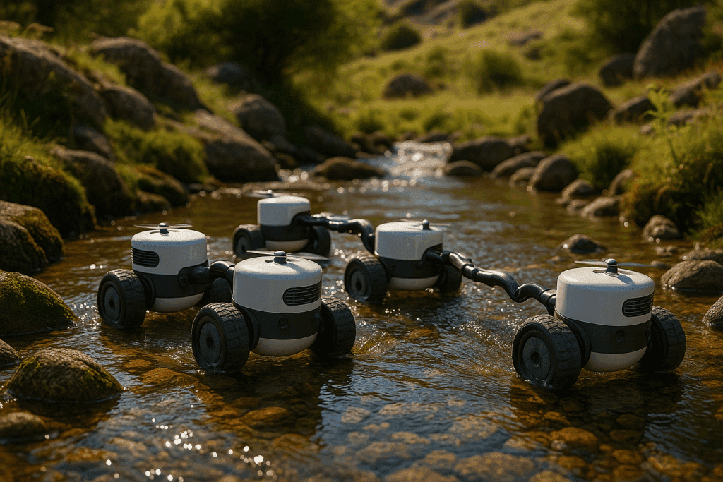 Five small bots use their swarm intelligence to cross a creek by linking together and pushing and pulling as a team