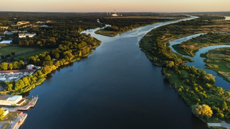 Aerial vew of a mighty river with connected and disconnected side channels
