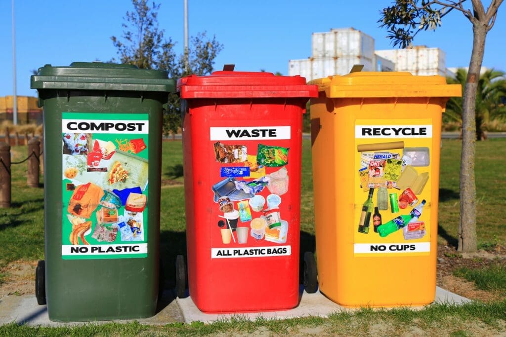 Farbenfrohe grüne, rote und gelbe Recycling- und Mülltonnen