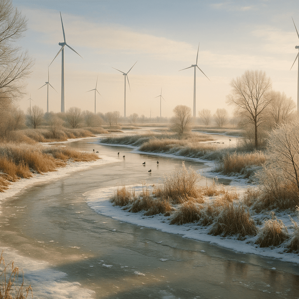 Auenlandschaft im Winter, mit Windturbinen im Hintergrund