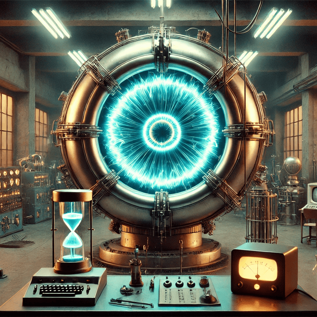 Retro-style Fusionsgenerator in Torusform, in einem Labor mit Messing Messgeräten und -anzeigen.