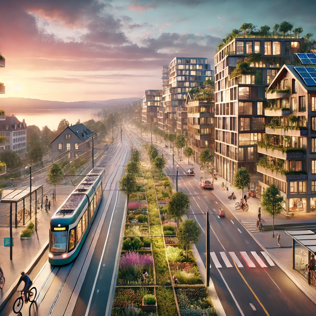 Futuristisches Zürich mit einem breiten "sponge-city" ähnlichen Grünstreifen zwischen einer Straße und einer Straßenbahntrasse