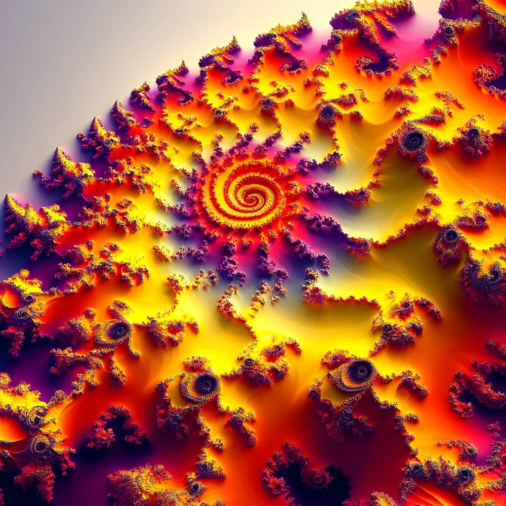 Faszinierende Mandelbrot Spirale in gelb, rot und violett