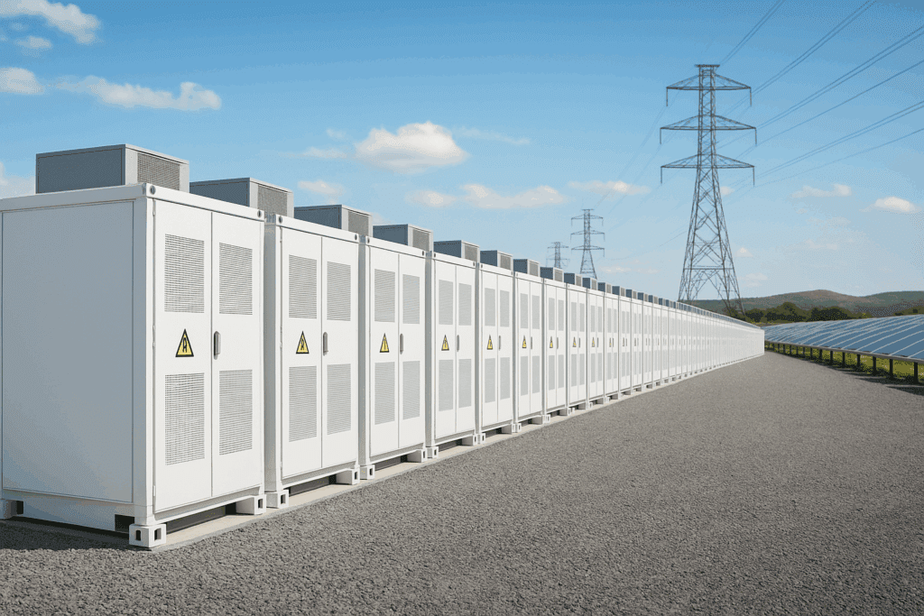 A row of white battery containers in front of a solar farm; the backdrop shows electricity masts