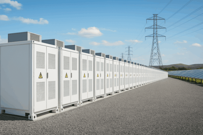 A row of white battery containers in front of a solar farm; the backdrop shows electricity masts