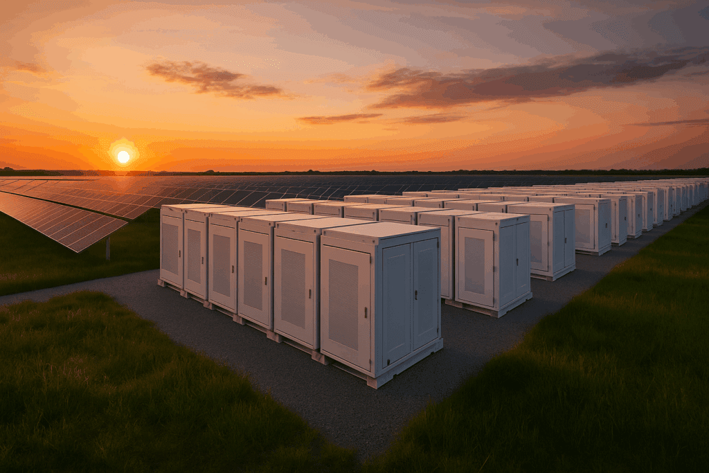 BESS-Speicheranlagen vor einer Solarzellenfarm bei Sonnenuntergang