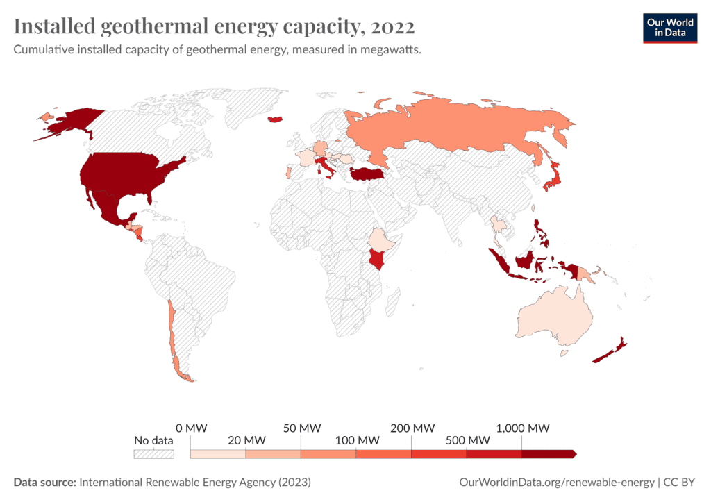 World map showing geothermal energy capacity by country in 2022, with darker red shading indicating higher installed capacity and lighter shading indicating lower capacity or no data