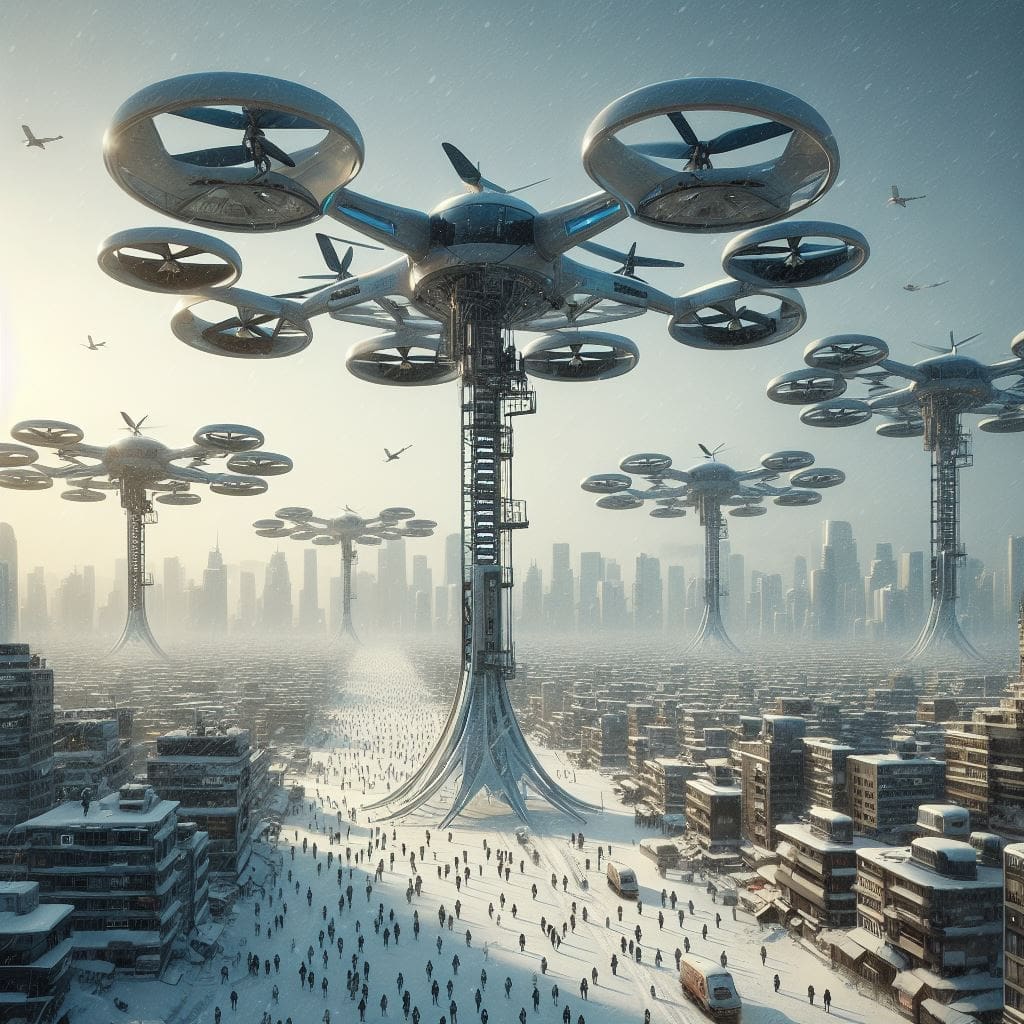 Skyports on tall towers for take-off and landing of electric air taxis; located in a snowy suburban area