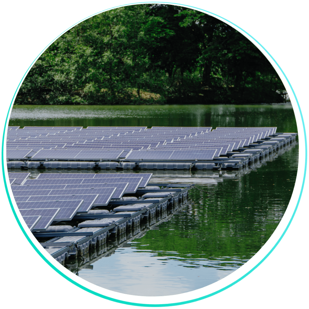 Array of floating solar panels on a lake