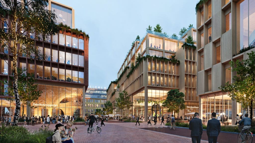 Pedestrian-friendly urban street with mid-rise buildings featuring wooden façades, large windows, and green roofs; people walking, cycling, and gathering in a lively, plant-filled public space designed for mixed use.