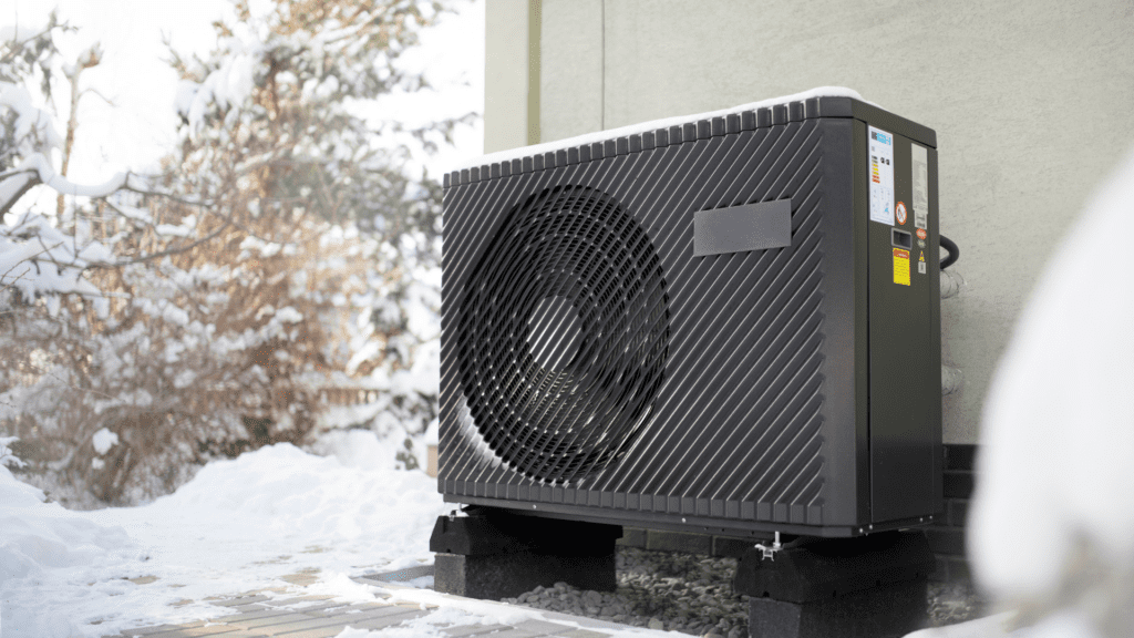 Heat pump next to a house during winter