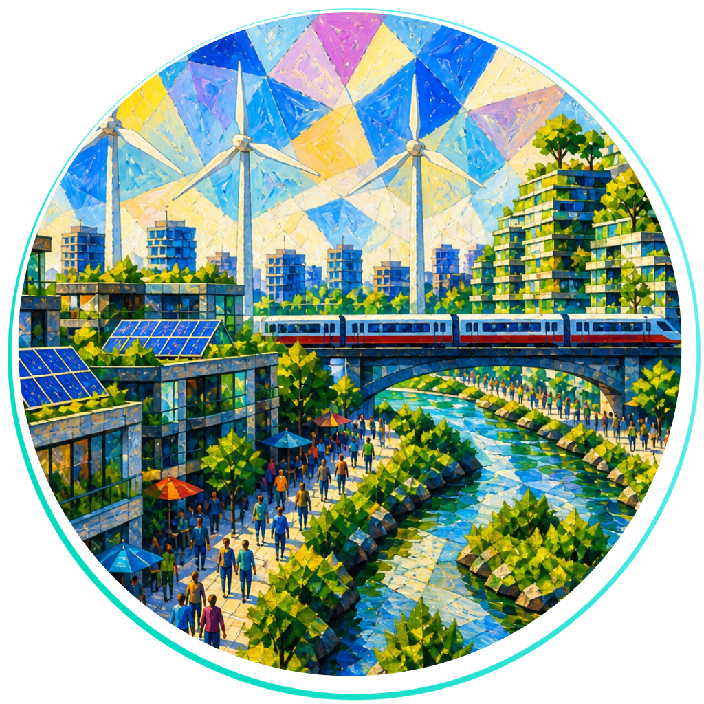 Solarpunk cityscape with prismatic sky and river