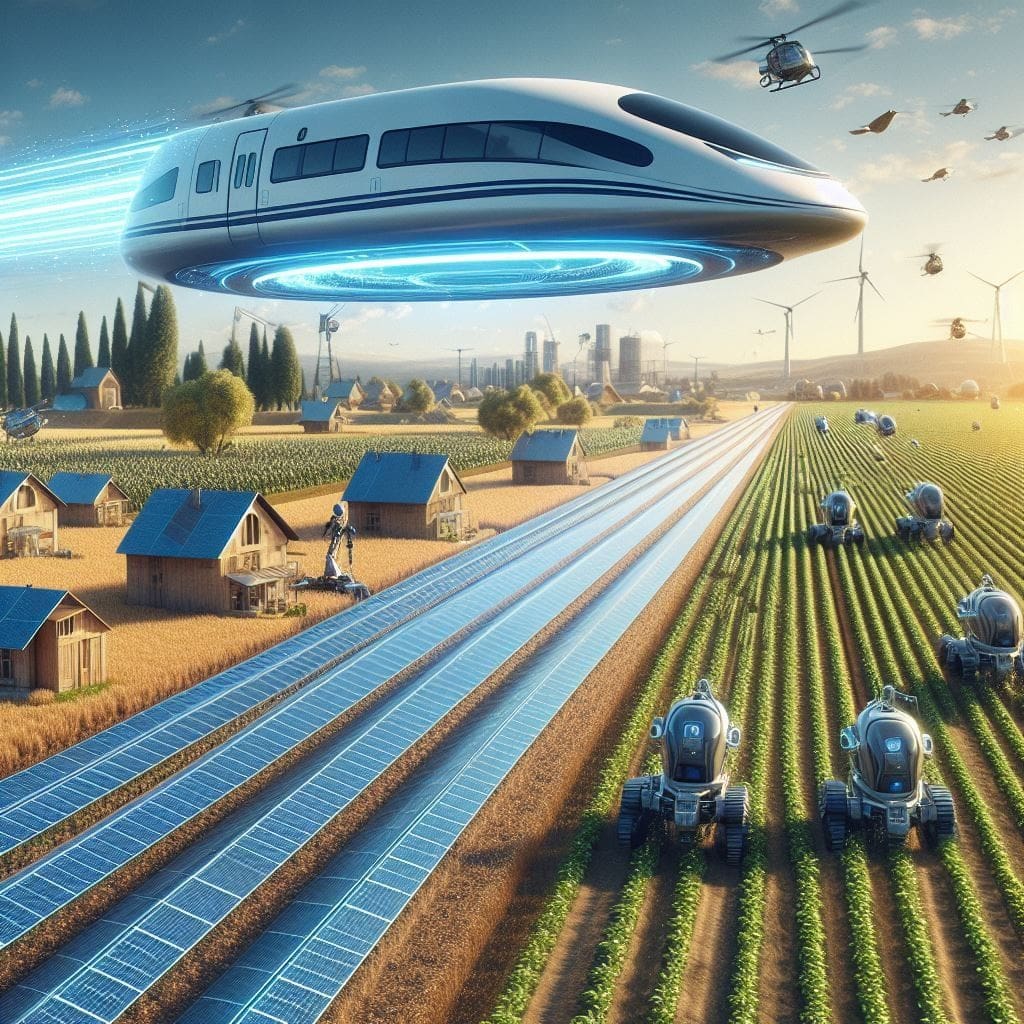 Flying train carriage above solar panel covered crops field & weed picking robots on a veggie fields