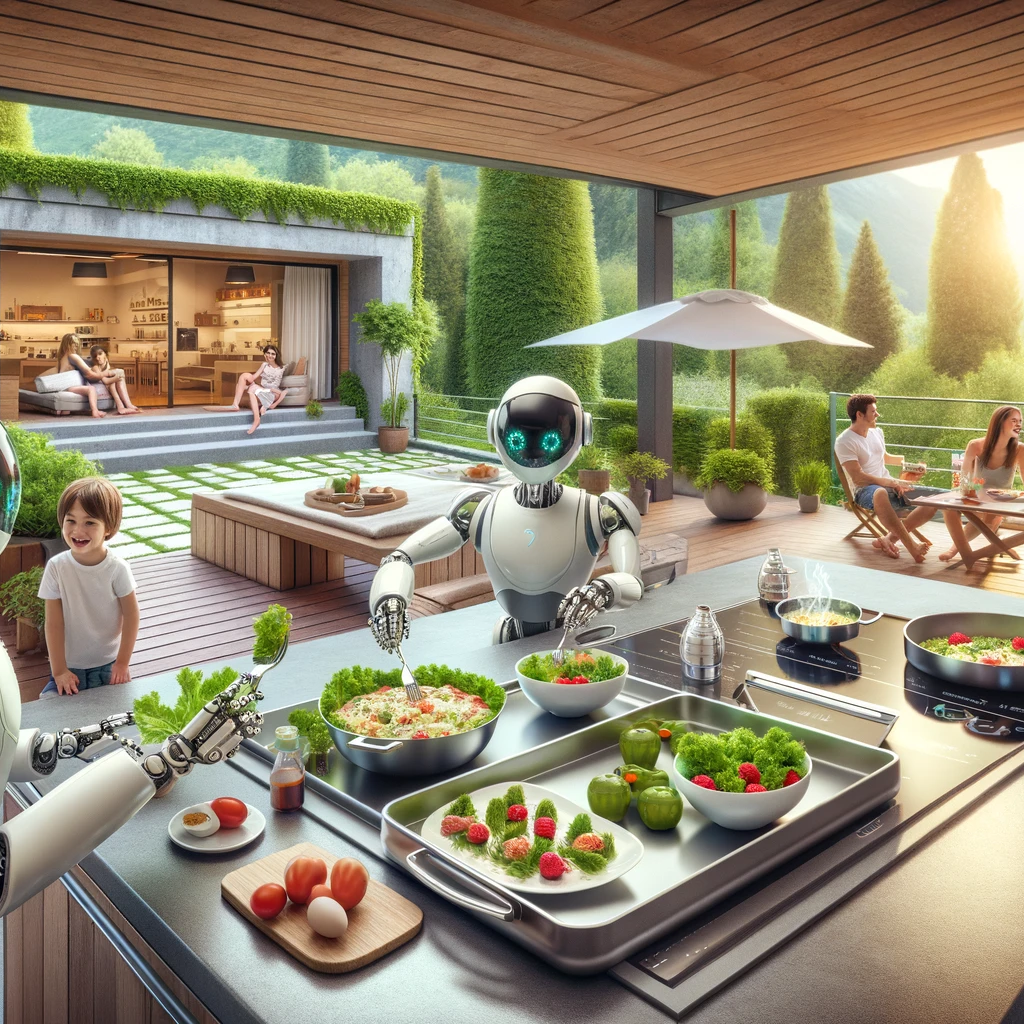 Image of a futuristic kitchen with robots preparing a healthy meal